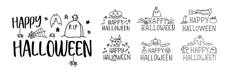 HAPPY HALLOWEEN. Set of handdrawn lettering text Halloween logo. Black and white doodle illustration. Halloween vector design banner, elements, badge, label and object. Collection of silhouettes icon.