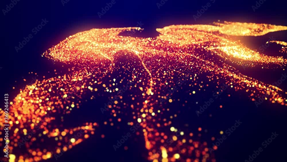 Poster abstract bg, golden magic glitters fly in air in slow motion and form beautiful swirls. fiery sparkl