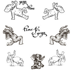 elephants doing yoga in various poses illustration in the style of engraving