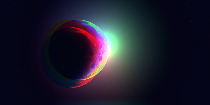 Fantasy Tech Glitch Planet, Dark Sun And Stars, Abstract Space Design With Glitch Sphere 3d Illustration In The Style Of An Old Blur Motion With The Effects Of Noise