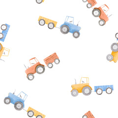 Beautiful seamless pattern with watercolor colorful tractors. Stock illustration.