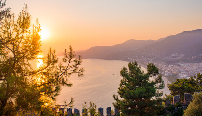 
beautiful sea and mountains at sunset in Alanya