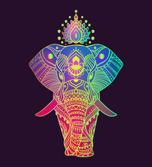 Boho elephant. Vector illustration. Floral design, hand drawn map with Elephant ornamental.