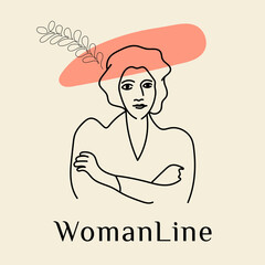 Abstract vector illustration or logo with image of mature woman lady or young girl in a fashion wide brimmed hat in one line style. One line art design for cover fashion magazine or T-shirt print.