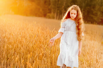 Beautiful girl with  curly hair on wheat or rye field.