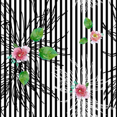 Floral Watercolor Seamless Pattern with Flowers and 
Leaves on Black Vertical Stripes background