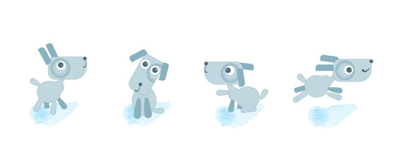 Cartoon character puppy. A set of different dog actions: a dog sits, gives a paw, runs for the ball. Vector simplified illustration in the style of icons.