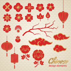 Fototapeta na wymiar Chinese Decorative Icons - Clouds, Flowers and Chinese Lights. Vector Illustration. Sakura Branch. Peony Flowers. Chinese Lantern.