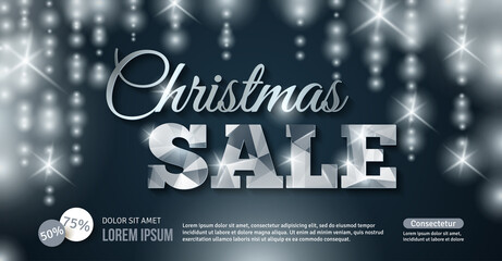 Glowing Christmas Sale banner. Vector illustration. Silver on dark background. Business event template. Sparkles. Place for text message. Business New year backdrop.