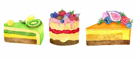 watercolor illustration set of cakes