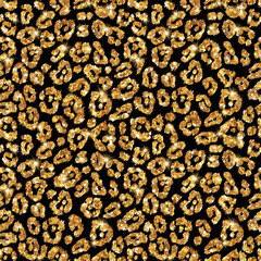 Seamless gold leopard pattern. Vector illustration. Shining fashion wild background. Chic animal print, leopard texture. Shining festive backdrop. Creative wild animal tiling.