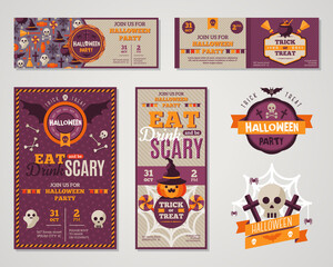 Set Of Happy Halloween Greeting Cards or Flyers. Vector Illustration. Party Invitation Design with Emblem. Typographic Template. Halloween Menu Cover Design. Eat, Drink and be Scary.