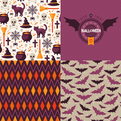 Seamless Patterns Set with Halloween Symbols and Label. Vector illustration. Argyle ornament, witch craft, flying bats.