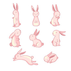 Collection of pink rabbit with different poses. Mid autumn festival jade rabbit clip art. Flat style hand drawn vector.