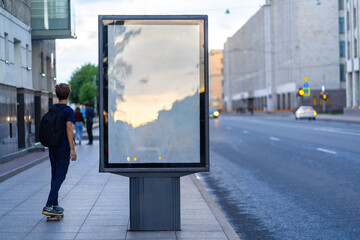 bus stop sign on the road. Mockup Billboard. With people walking