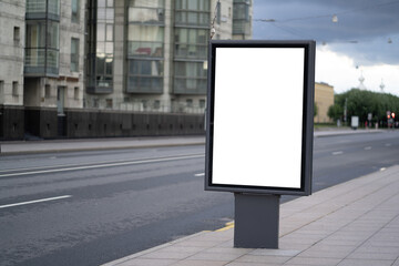 bus stop sign on the road. Mockup Billboard. With people walking
