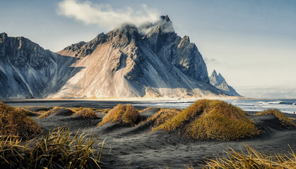 Impressive Colorful Seascape of Iceland. Best popular places near Stokksnes cape and Vestrahorn...