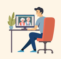 Man talks to his parents  by videochat. Vector flat style Illustration