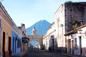 Fototapeta na wymiar Arch of Santa Catalina in Antigua, Guatemala, horizontal composition, sunny day