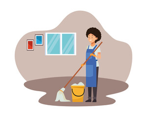 housekeeping female worker with mop and bucket