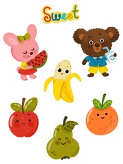 Sweet Stickers For Children. Shaded hand drawn illustration set of 7.