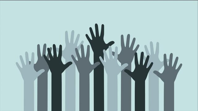 Looped animation of hands raised up in the air. Concept of racial diversity, inclusivity, voting, volunteering or celebrating.
