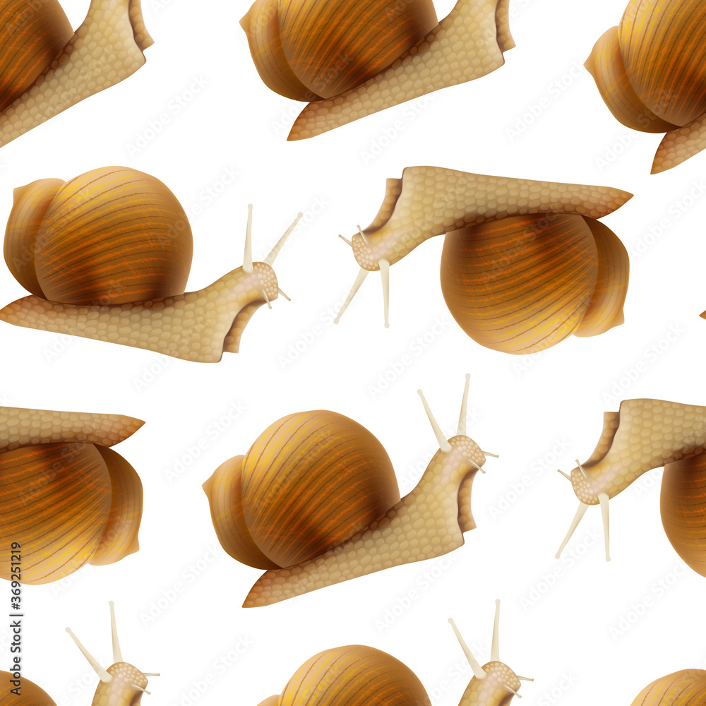Poster realistic 3d detailed slimy snail with shell seamless pattern background. vector