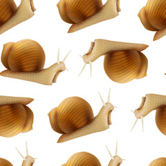 Realistic 3d Detailed Slimy Snail with Shell Seamless Pattern Background. Vector