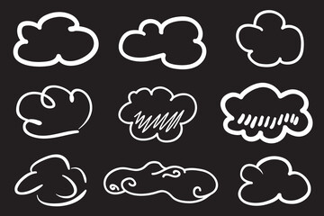 Clouds on isolated black background. Hand drawn line art. Black and white illustration
