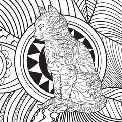 Cat on abstract square shape. Hand drawn pattern. Black and white illustration for colouring © mikabesfamilnaya