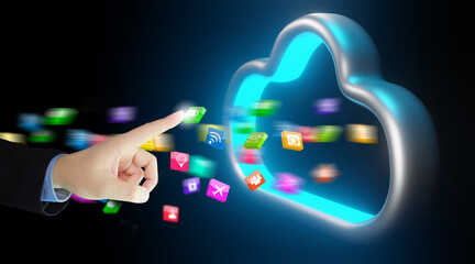 Businessman transfer data to cloud storage. Cloud computing technology concept