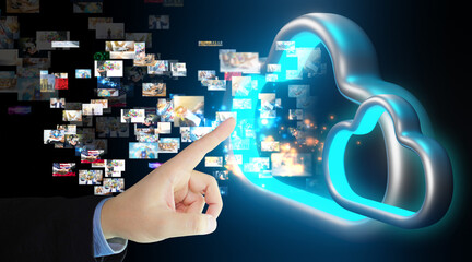 Businessman transfer data to cloud storage. Cloud computing technology concept, 3d rendering