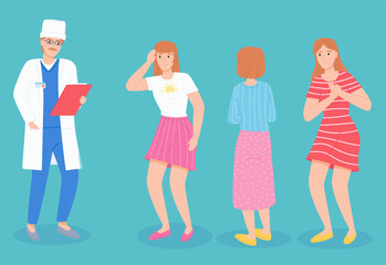 Obraz premium Consultation with doctor, physician or therapist with clipboard, anamnesis of patient, woman with headache, pain in heart, girl from back side, checking health in doctor, cartoon characters collection