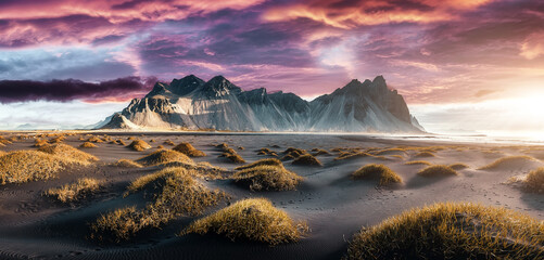 Impressive view of Vestrahorn mountaine on Stokksnes cape in Iceland during sunset. Amazing Iceland...