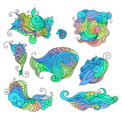 Fototapeta premium Colorful zentangle doodle sketch. Set of tattoo sketches. Ethnic tribal wavy vector illustration.