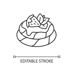 Pavlova linear icon. Meringue based dessert with strawberries. National Australian cuisine. Thin line customizable illustration. Contour symbol. Vector isolated outline drawing. Editable stroke