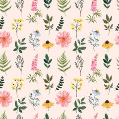 Pretty and cute floral seamless pattern with wild flowers on peach pink background. Watercolor wildflowers print for design. Hand painted botanical illustration.