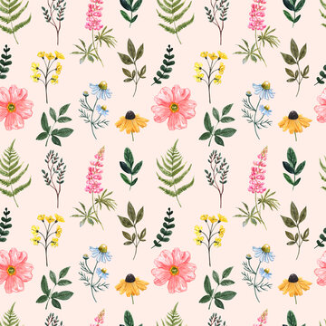 Pretty and cute floral seamless pattern with wild flowers on peach pink background. Watercolor wildflowers print for design. Hand painted botanical illustration.