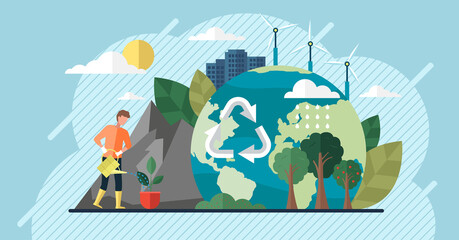 Change climate concept. Vector of climate change and saving the planet, World Environment Day, bio technology, a city on planet. Recycling waste, growing plants and choosing renewable resources - obrazy, fototapety, plakaty