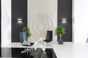 Luxurious futuristic trendy modern interior in contrasting black and white colors with interesting fashionable black furniture and decorated wall
