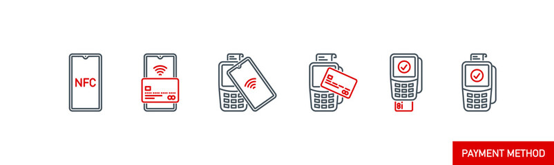mobile app icons set contactless payment credit card or NFC smartphone via POS terminal banner isolated on white. payment method outline symbols. Acquiring payment Quality element with editable Stroke