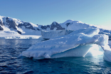 Iceberg in antarctic ocean, glacier landscape, blue sky, melting ice, Antarctica