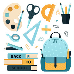Back to School set with cute colorful stationery. Vector illustration.