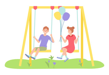 Children spending time at playground, kindergarten, kids have fun, recreation, girl with air balloons and boy rest relax on swing, little children, friends, playtime, isolated chartoon characters