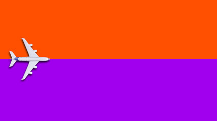Minimalist plane on a geometric orange-purple background with top view and copy space. Travel background for travel agency banner. Flat lay