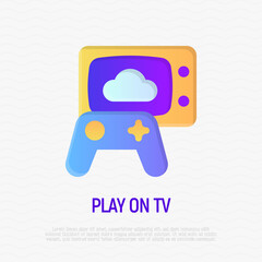 Play on TV thin line icon. Gamepad is connected with TV. Vector illustration.