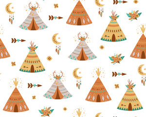 Kids teepee pattern. Adventure baby wigwam pattern. Cute boho background with tent, arrows, teepee wig wam, moon. - obrazy, fototapety, plakaty