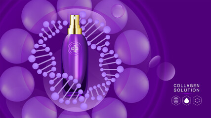Beauty product ad design, purple cosmetic container with collagen solution advertising background ready to use, luxury skin care banner, illustration vector.	