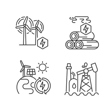 Traditional and alternative energy linear icons set. Wood energy, oil refinery, renewable power stations customizable thin line contour symbols. Isolated vector outline illustrations. Editable stroke