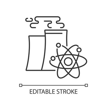 Nuclear industry linear icon. Atomic energy manufacturing technology thin line customizable illustration. Contour symbol. Modern power plant vector isolated outline drawing. Editable stroke